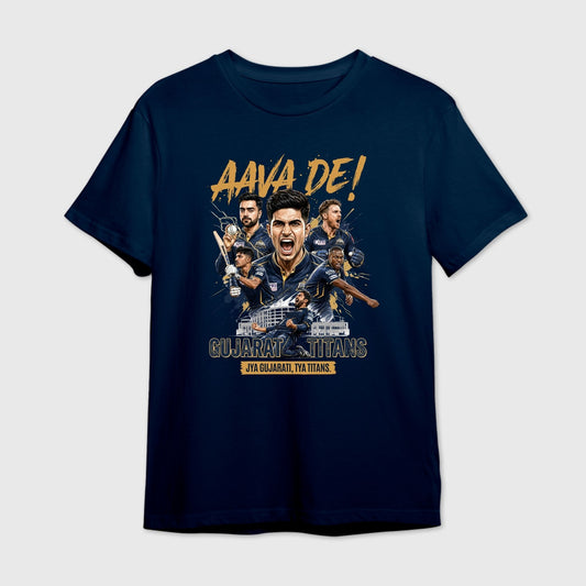Navy blue t-shirt with 'Aava De!' and 'Gujarat Titans' graphic