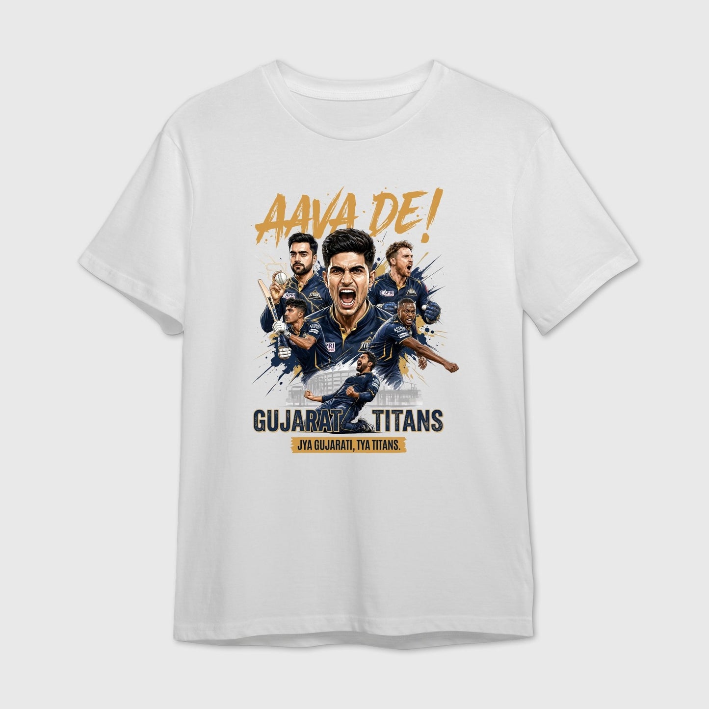 White t-shirt with 'Gujarat Titans' sports team graphic and text 'Aava De!'