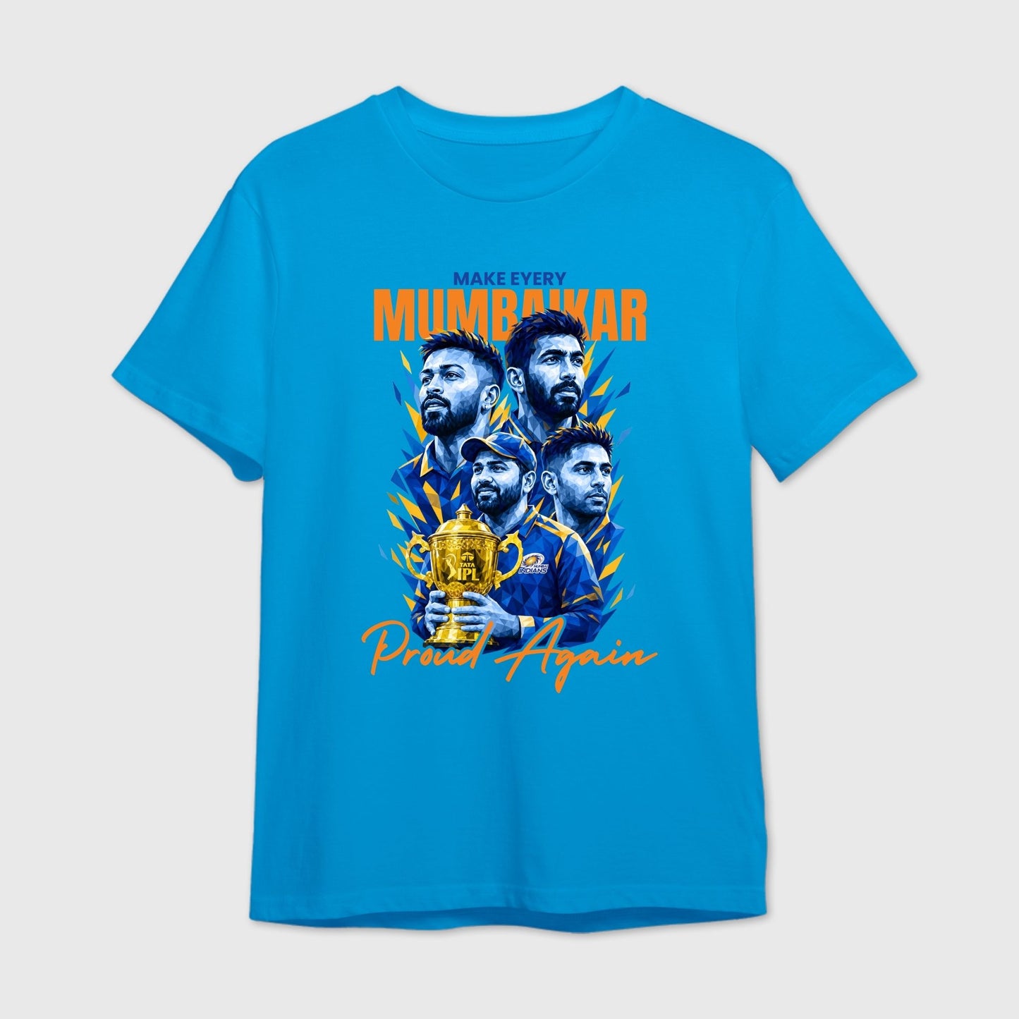 Blue t-shirt with graphic design of a Mumbai Indians team and text on a white background