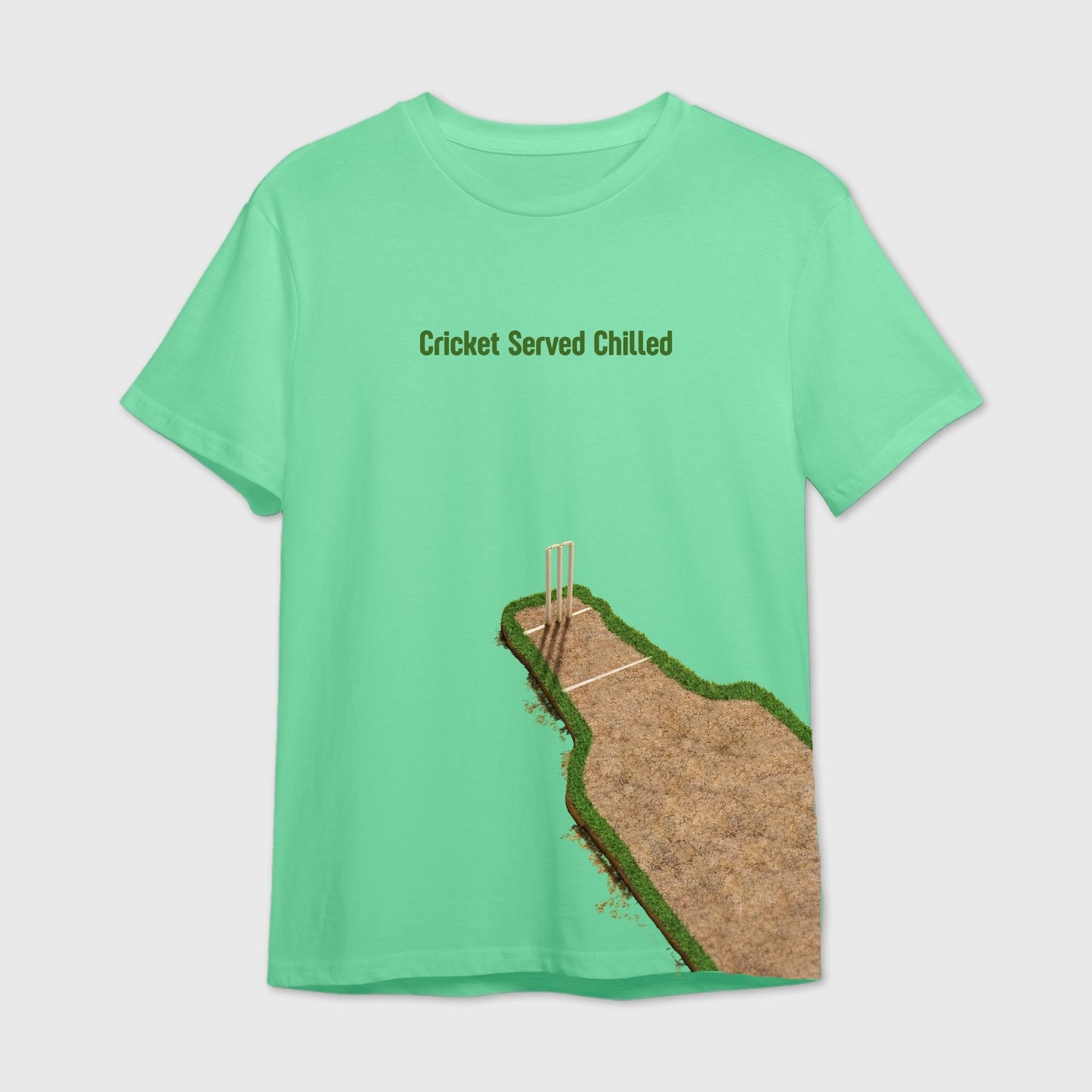 Green t-shirt with beer bottle shaped cricket field graphic and 'Cricket Served Chilled' text