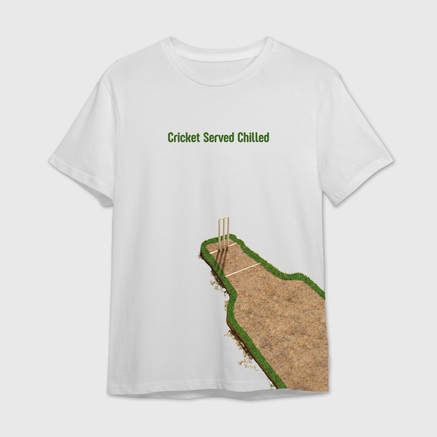 White t-shirt with cricket-themed graphic and text 'Cricket Served Chilled'