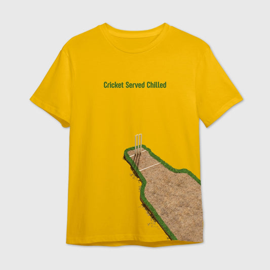 Yellow t-shirt with a graphic of a bottle shaped Cricket pitch with green text 'Cricket Served Chilled'