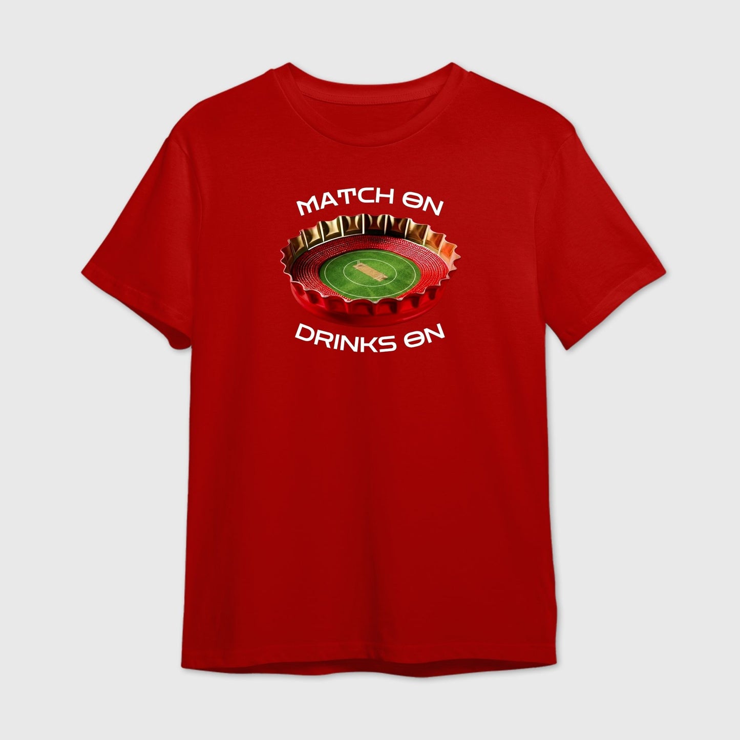 Red t-shirt with a graphic of a bottle cap opening to reveal a cricket stadium and white text 'Matchon Drinks on'