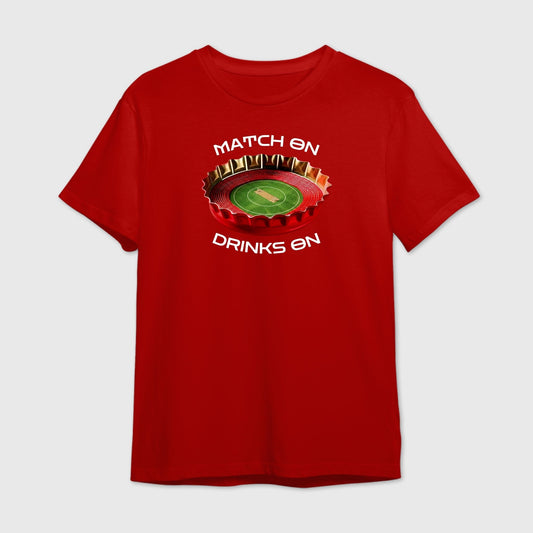 Red t-shirt with a graphic of a bottle cap opening to reveal a cricket stadium and white text 'Matchon Drinks on'