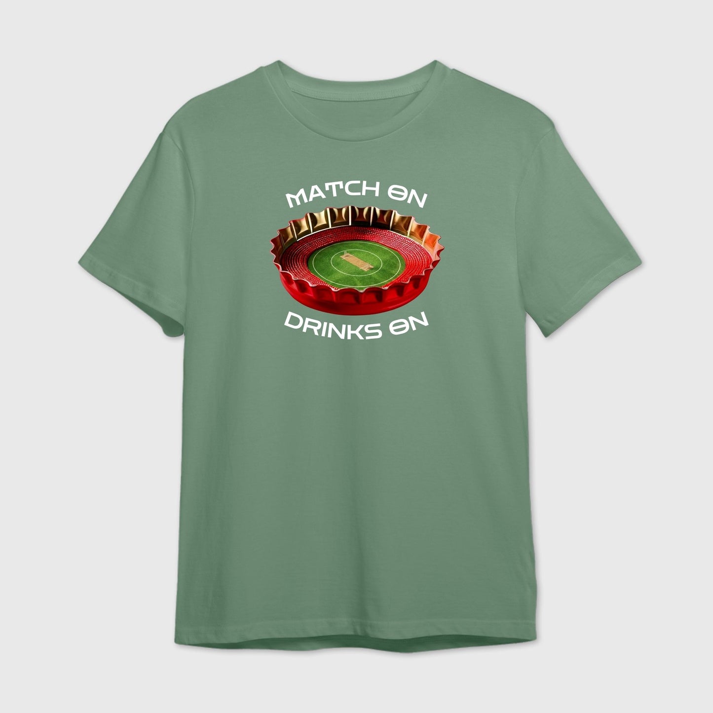 Green t-shirt with a bottle cap design and white text 'Match on Drinks on'