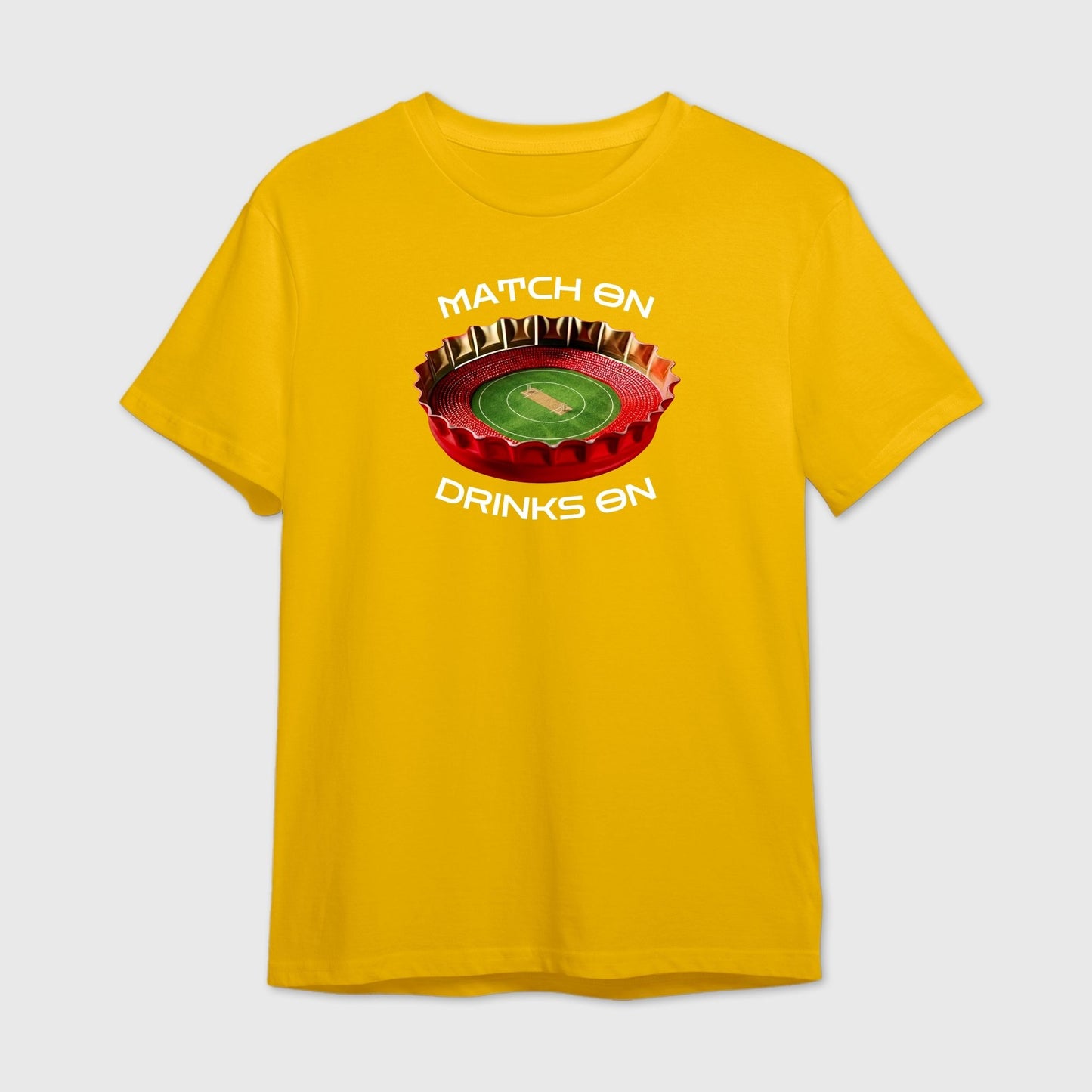 Yellow t-shirt with a bottle cap design featuring a cricket field and white text 'Match on Drinks on'