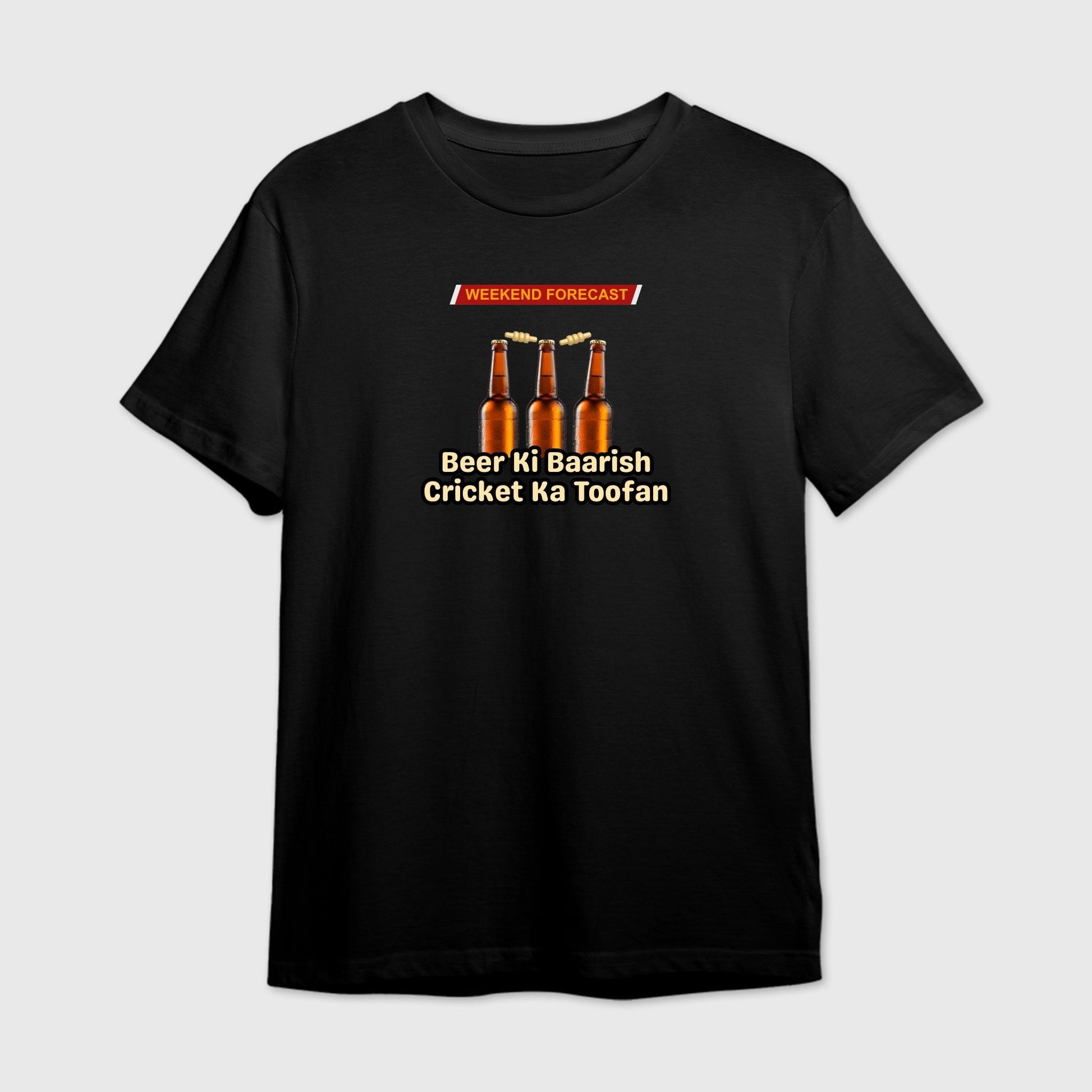 Black t-shirt with beer bottle graphic and text