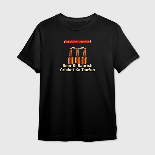 Black t-shirt with beer bottle graphic and text