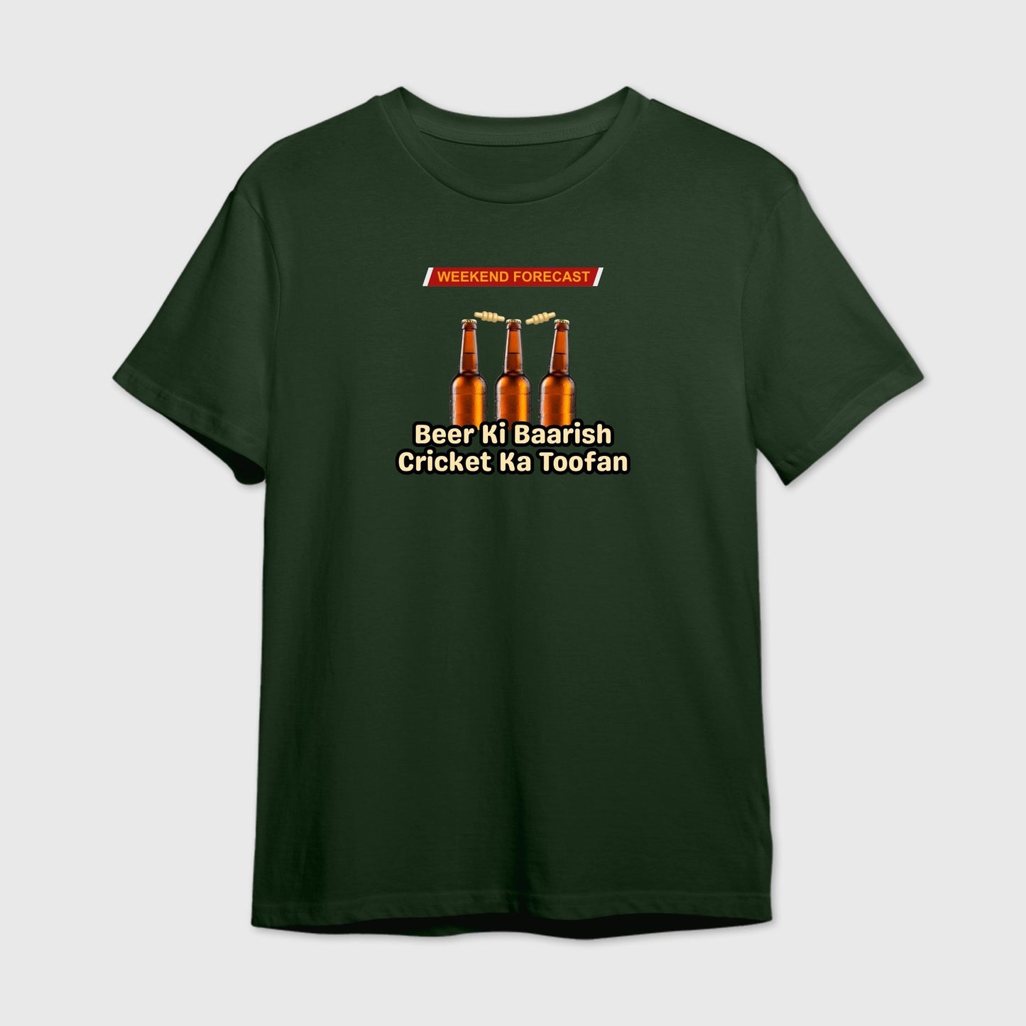 Green t-shirt with beer bottle graphic and text