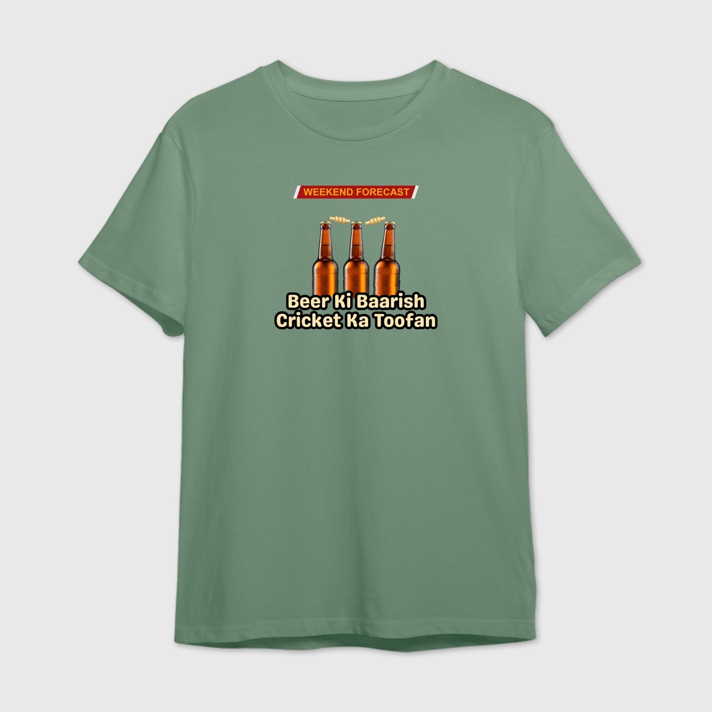 Green t-shirt with beer bottles and text