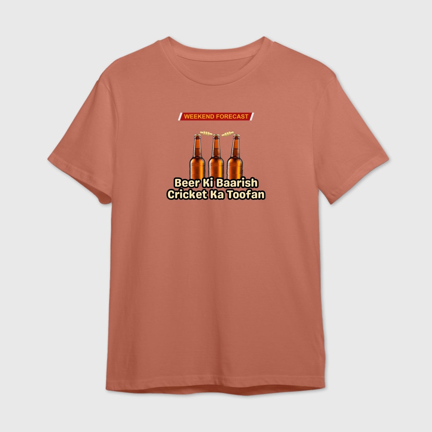 Brown t-shirt with beer bottles and text
