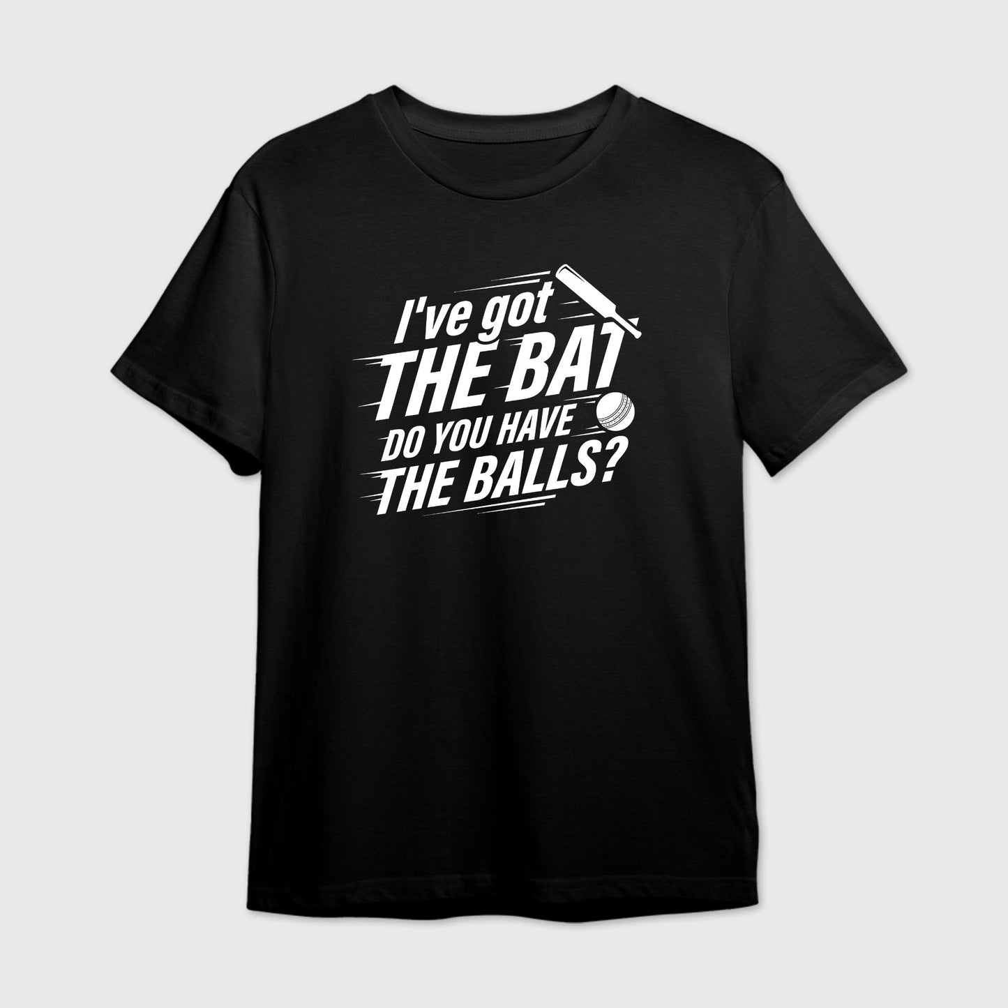 Black t-shirt with white text and graphic