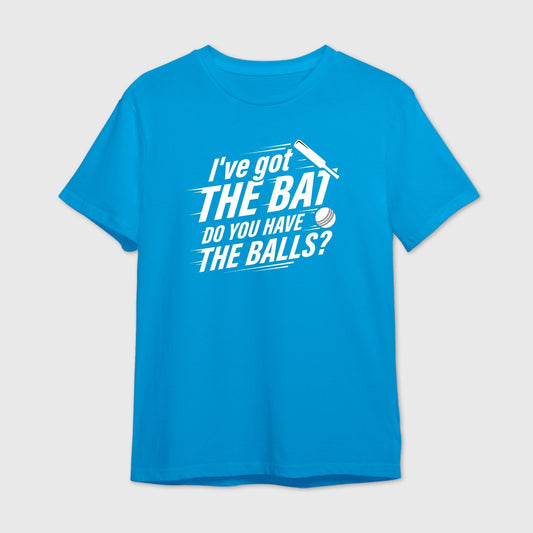 Blue t-shirt with white text and graphics