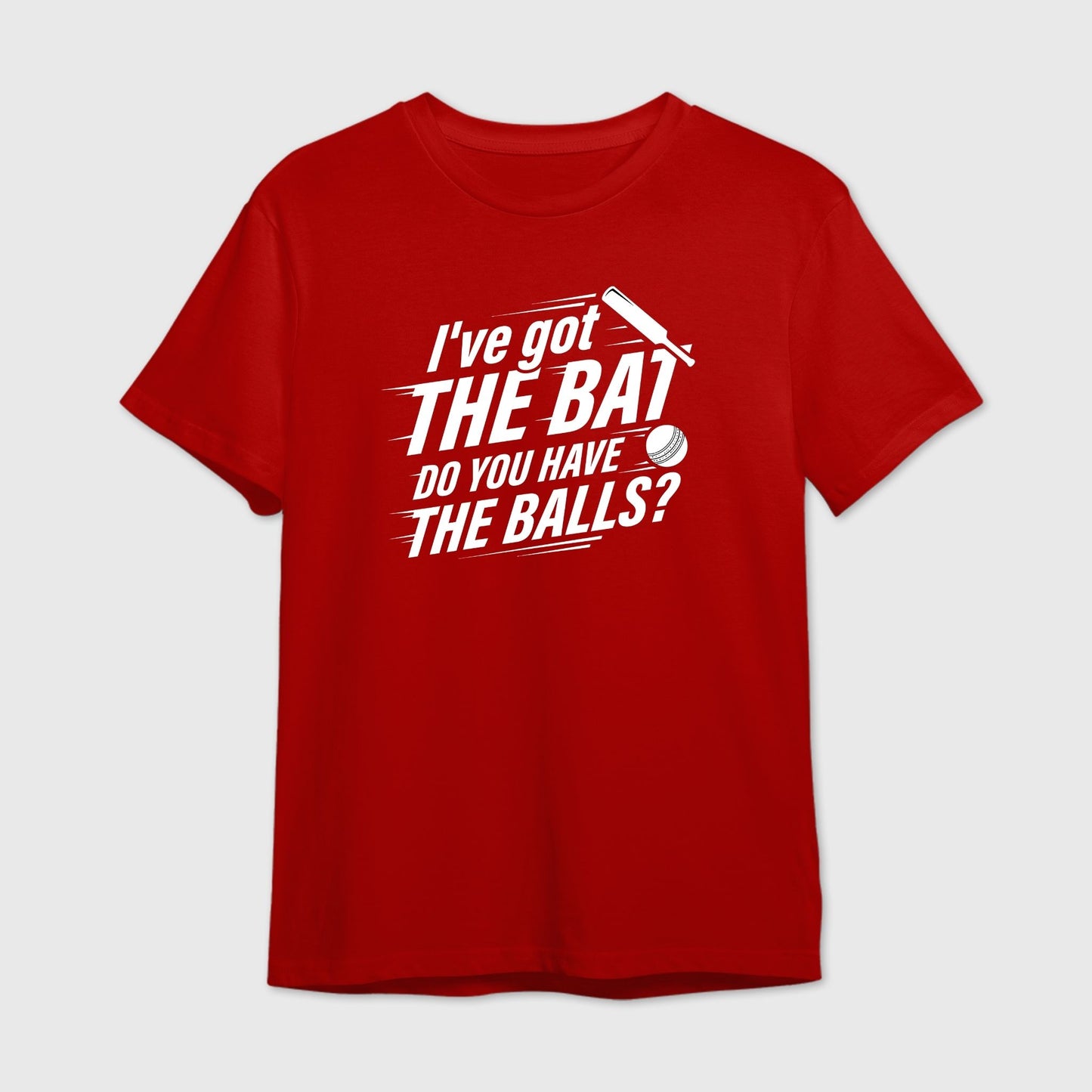 Red t-shirt with white text and graphics