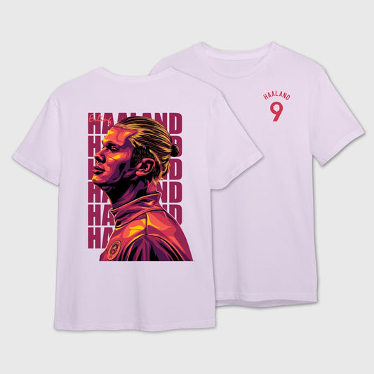 Lavender t-shirt with a graphic design of a person and the name 'Haaland' with number 9