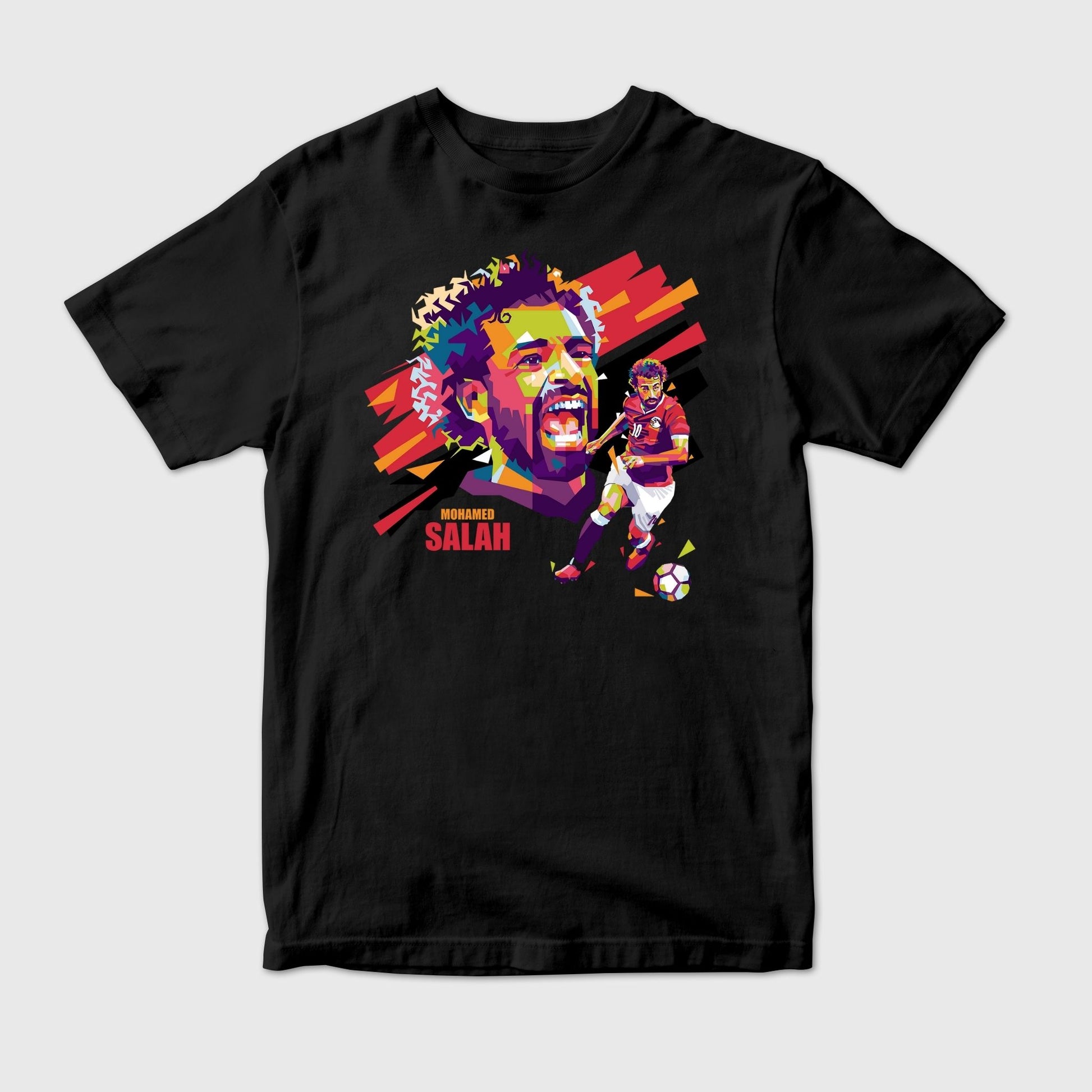 Black t-shirt with colorful graphic of a soccer player and 'Mohamed Salah' text 