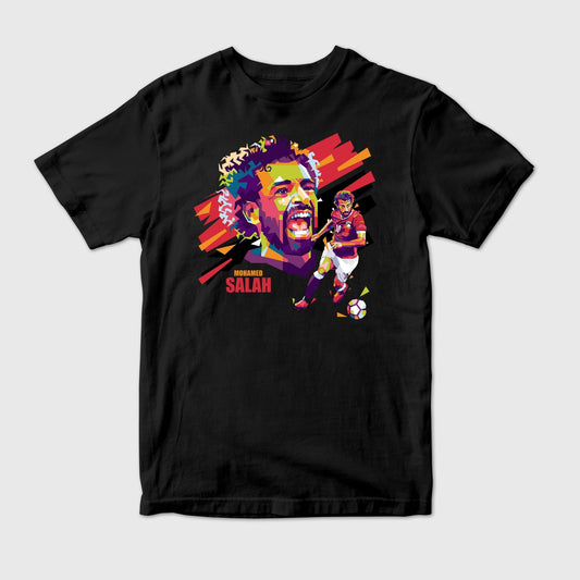 Black t-shirt with colorful graphic of a soccer player and 'Mohamed Salah' text 