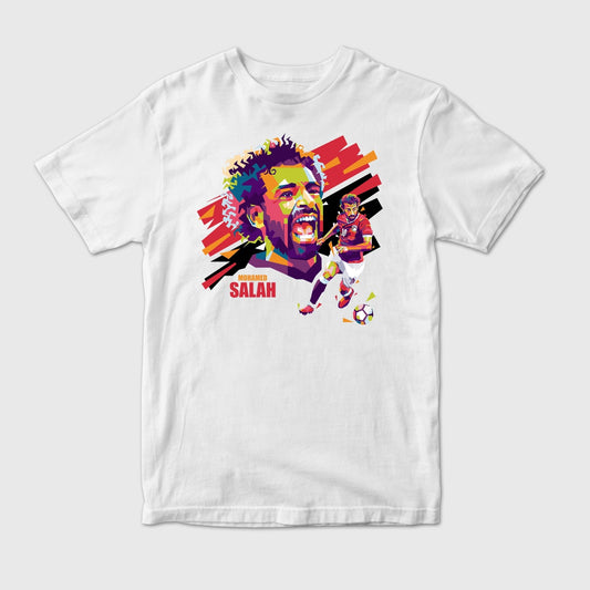 White t-shirt with colorful graphic of a soccer player and 'Mohamed Salah' text 