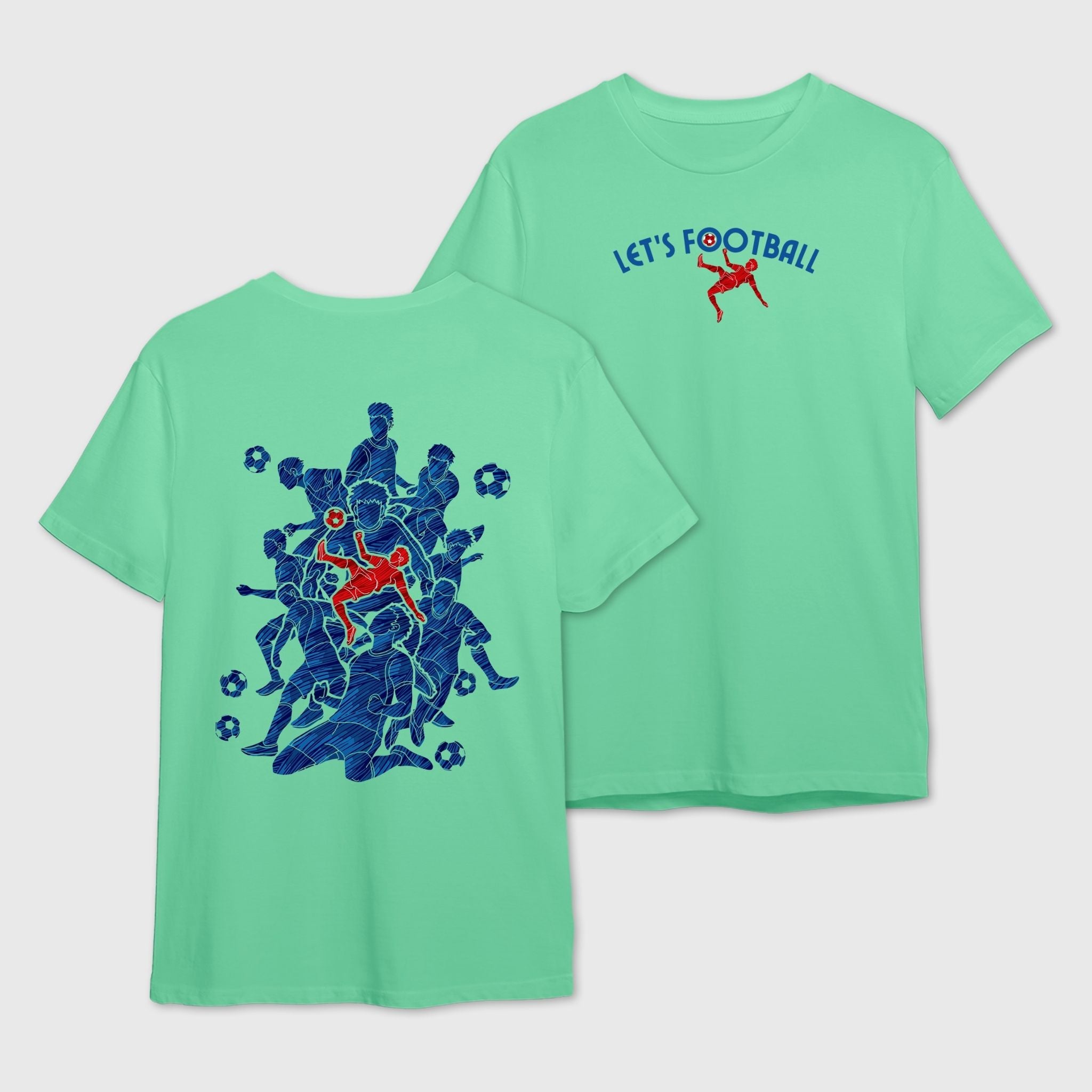 Green t-shirt with football-themed graphics on the back and Let's Football text on the front
