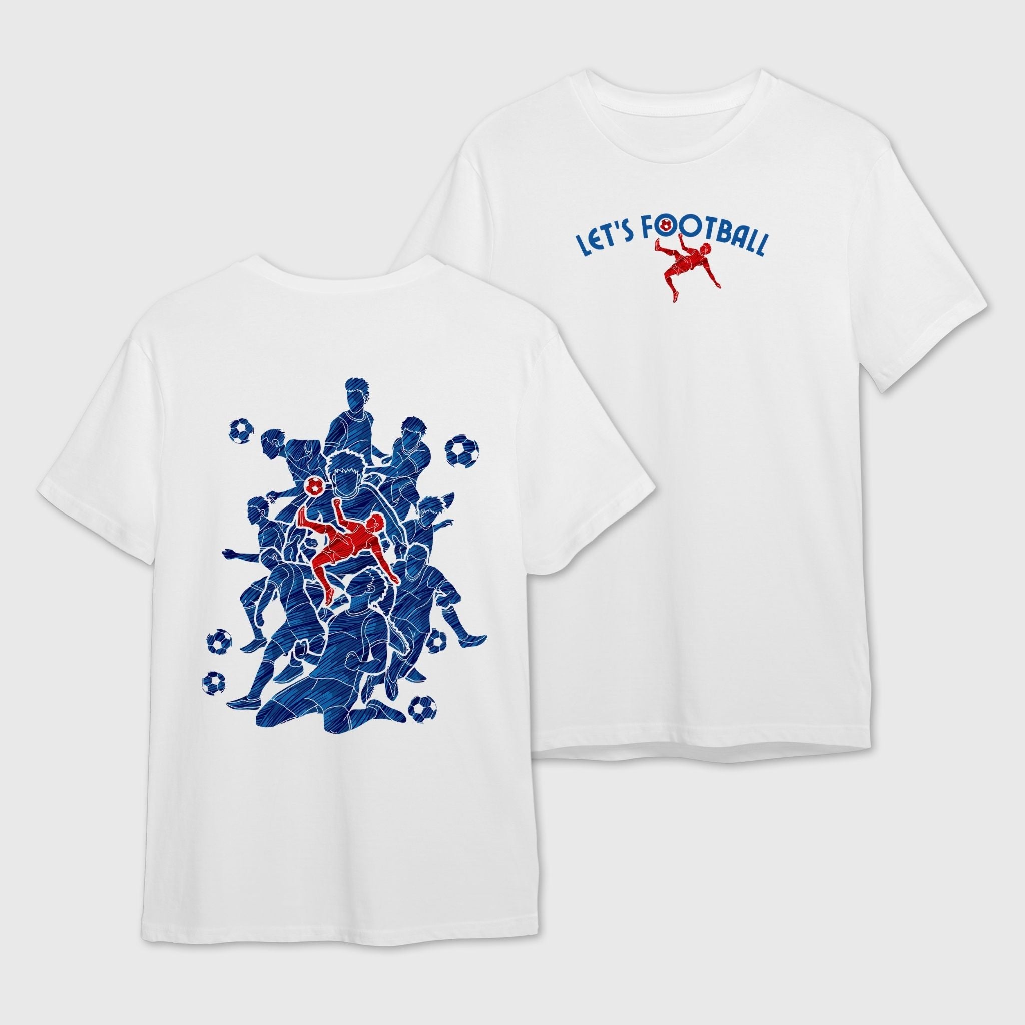 White t-shirt with football-themed graphics on the back and Let's Football text on the front