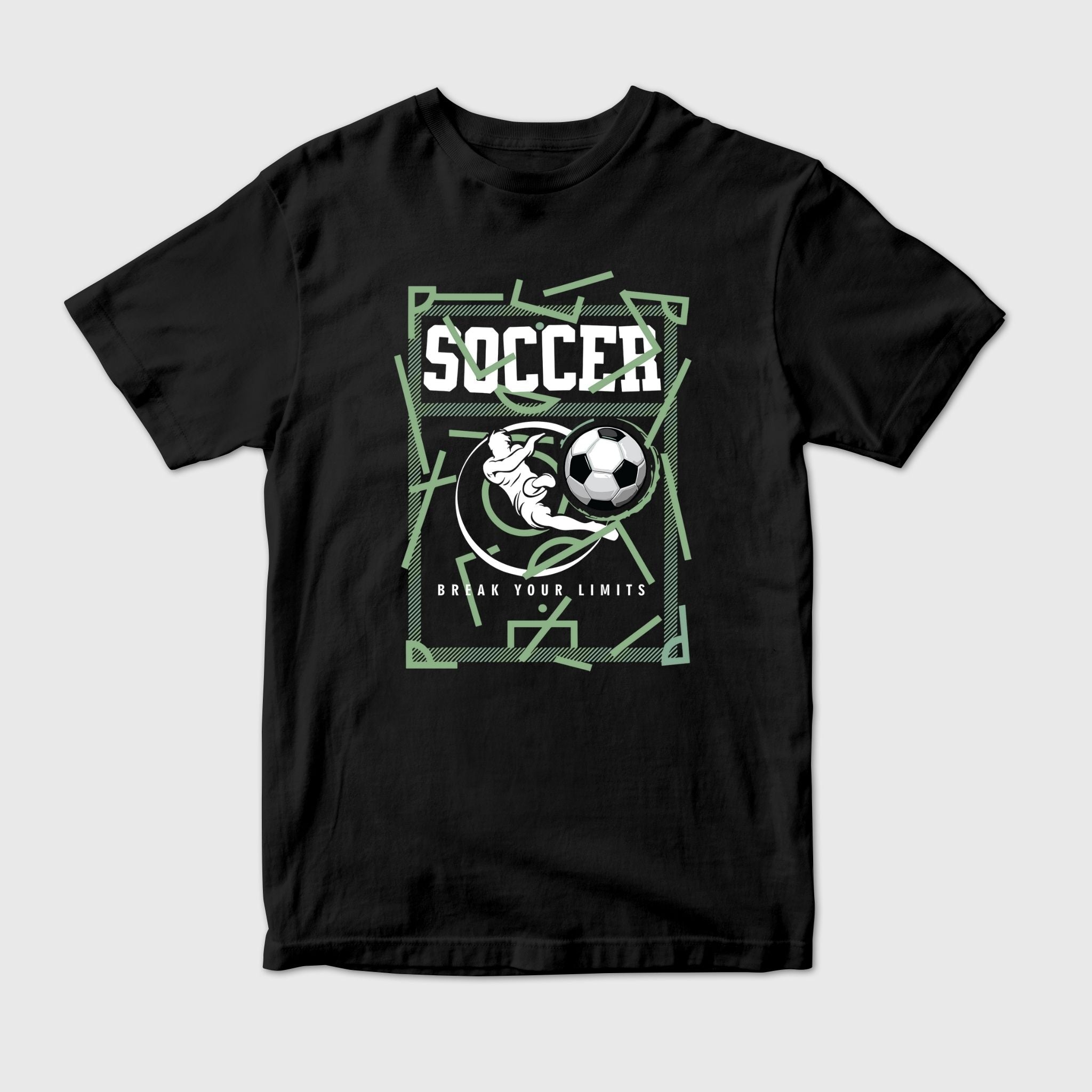 Black t-shirt with soccer graphic and text