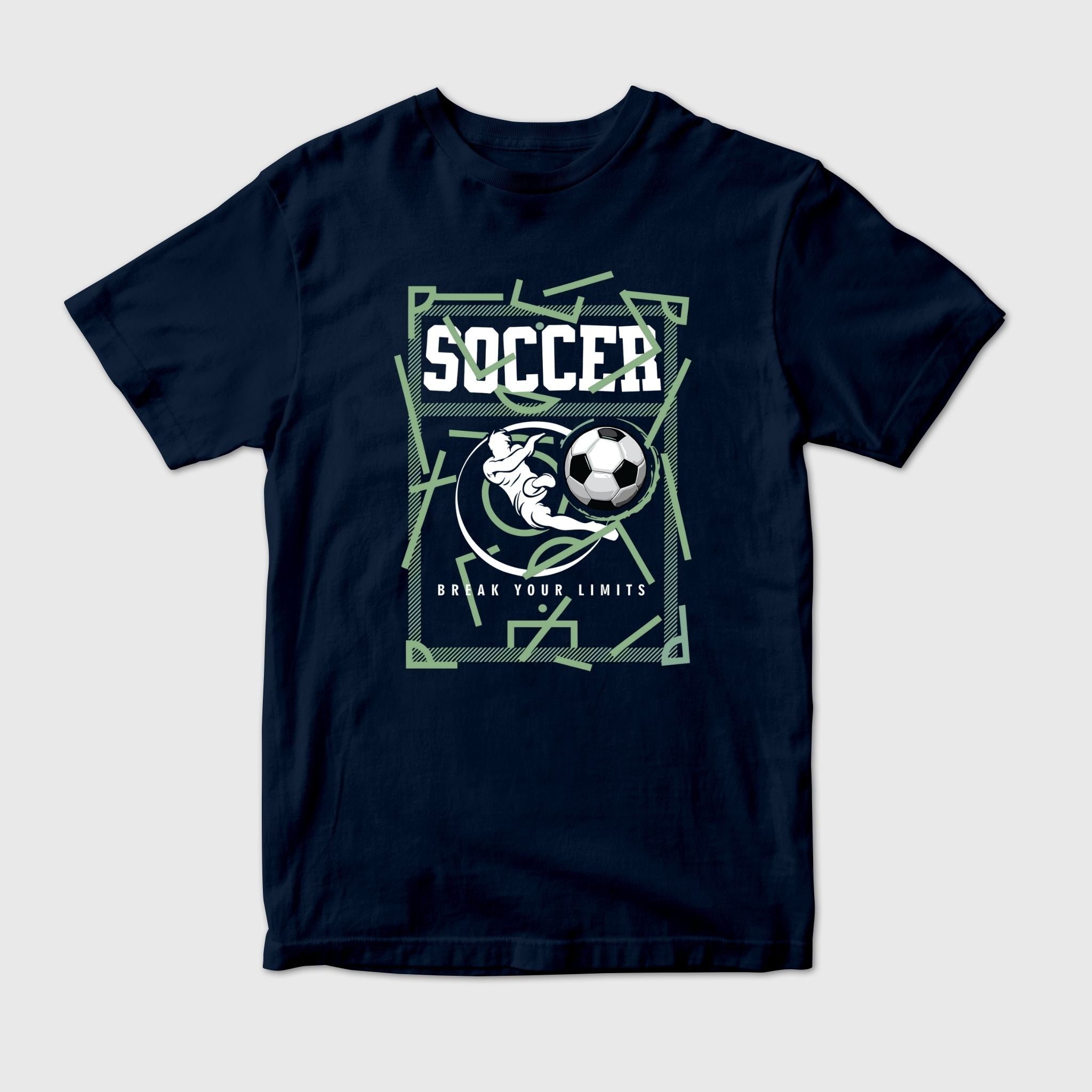Navy blue t-shirt with soccer graphic and text