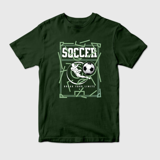Green t-shirt with soccer graphic and text