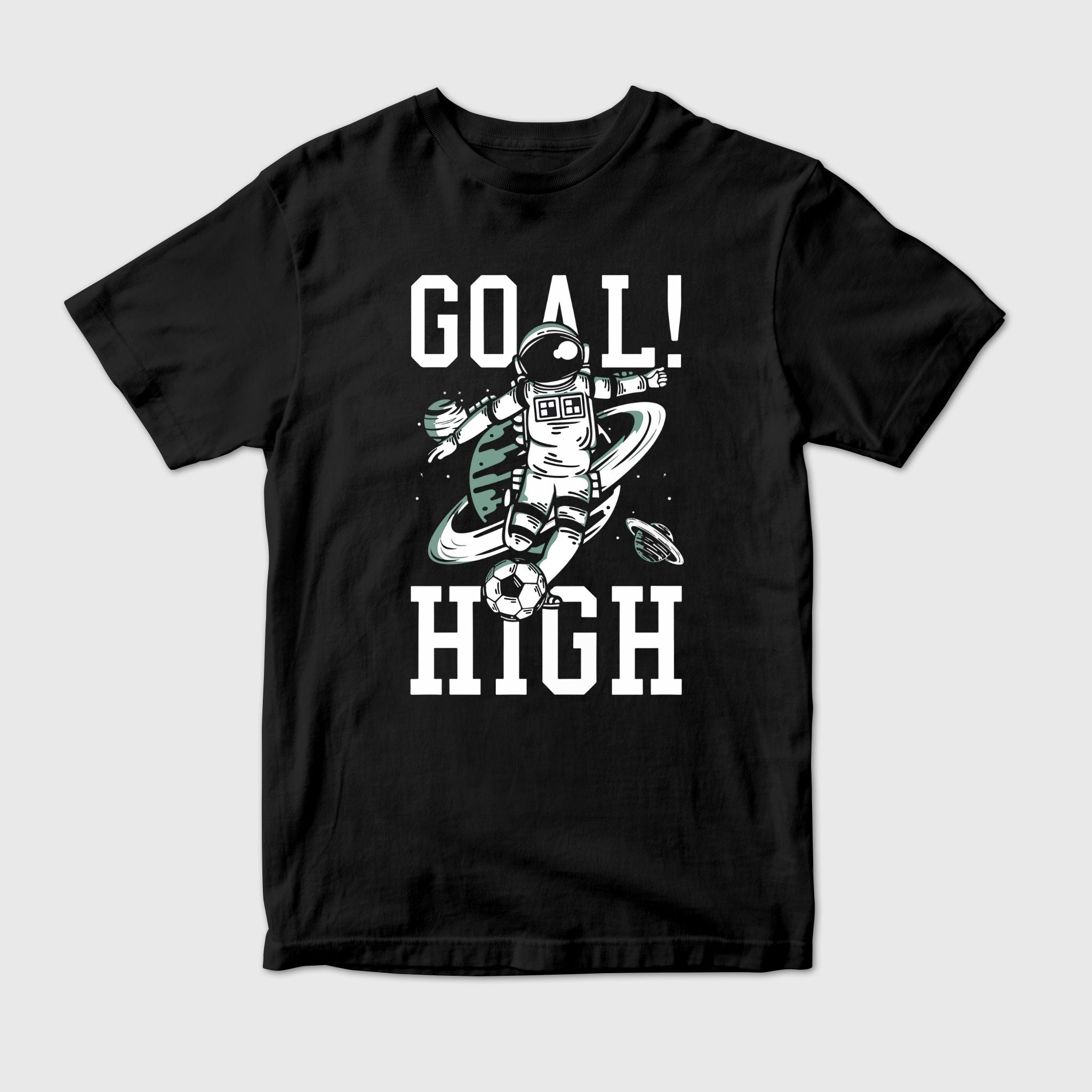 Black t-shirt with an astronaut graphic and 'Goal! High' text