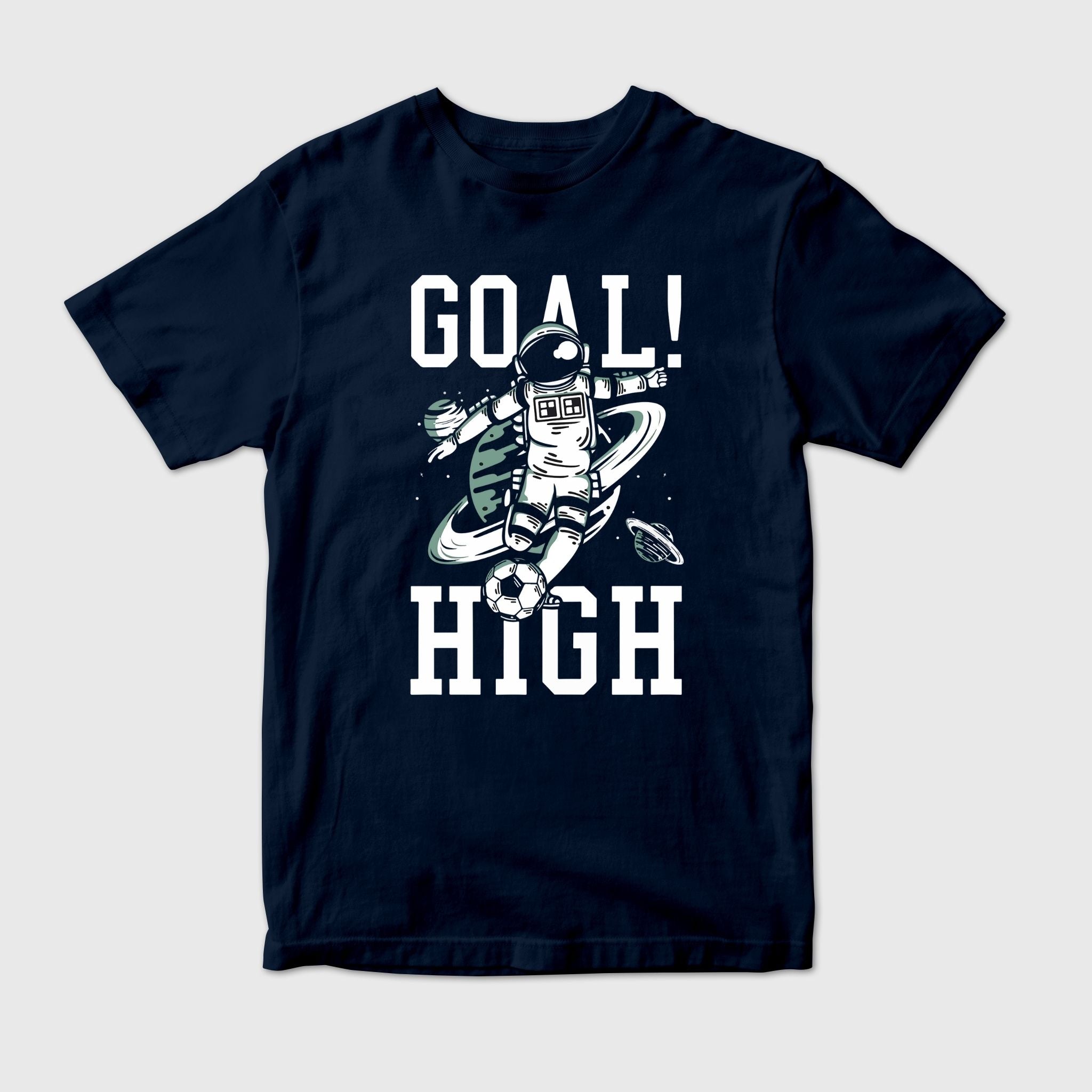 Navy blue t-shirt with an astronaut graphic and 'Goal! High' text
