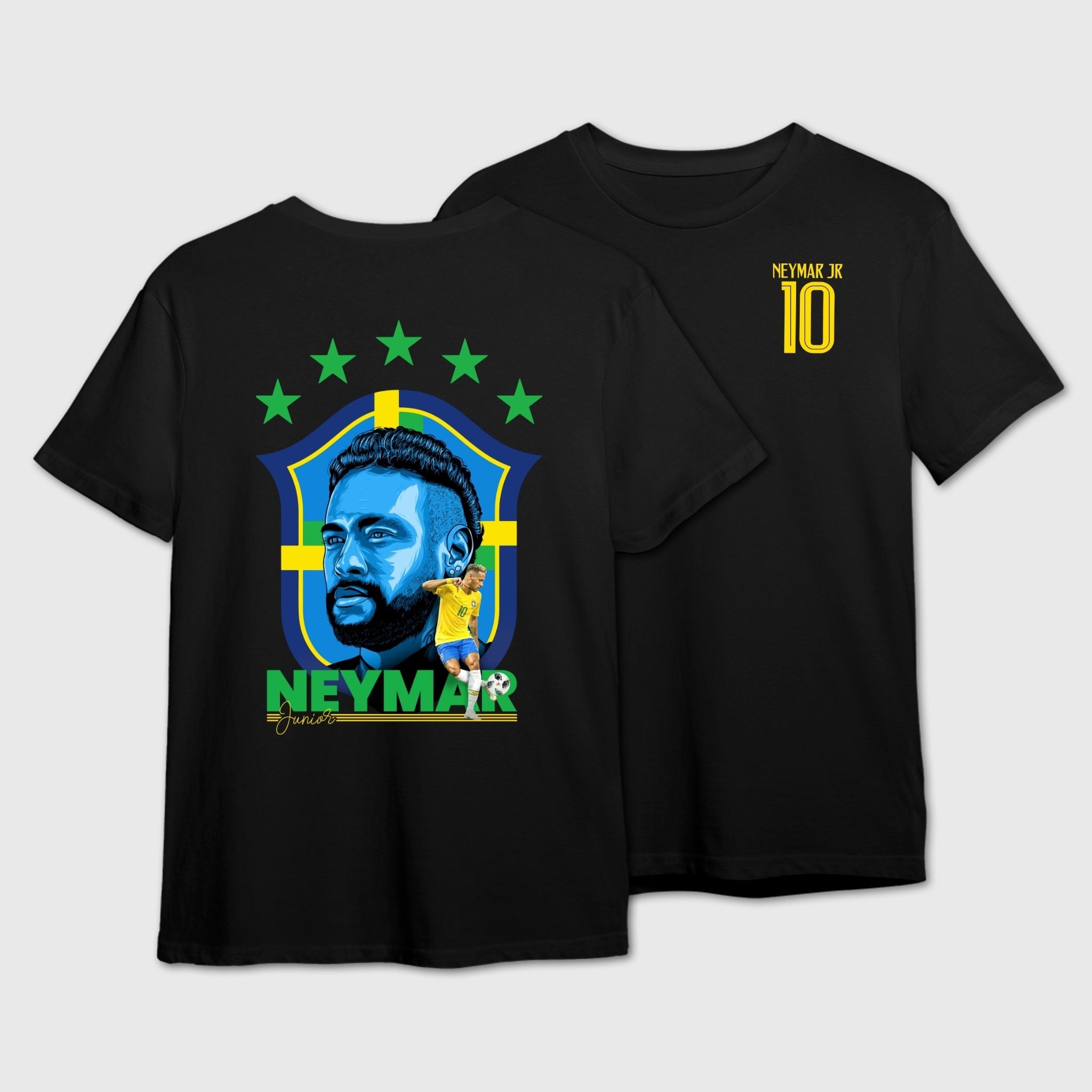 Black t-shirt with Neymar Jr. graphic design on the back and number 10 in front 