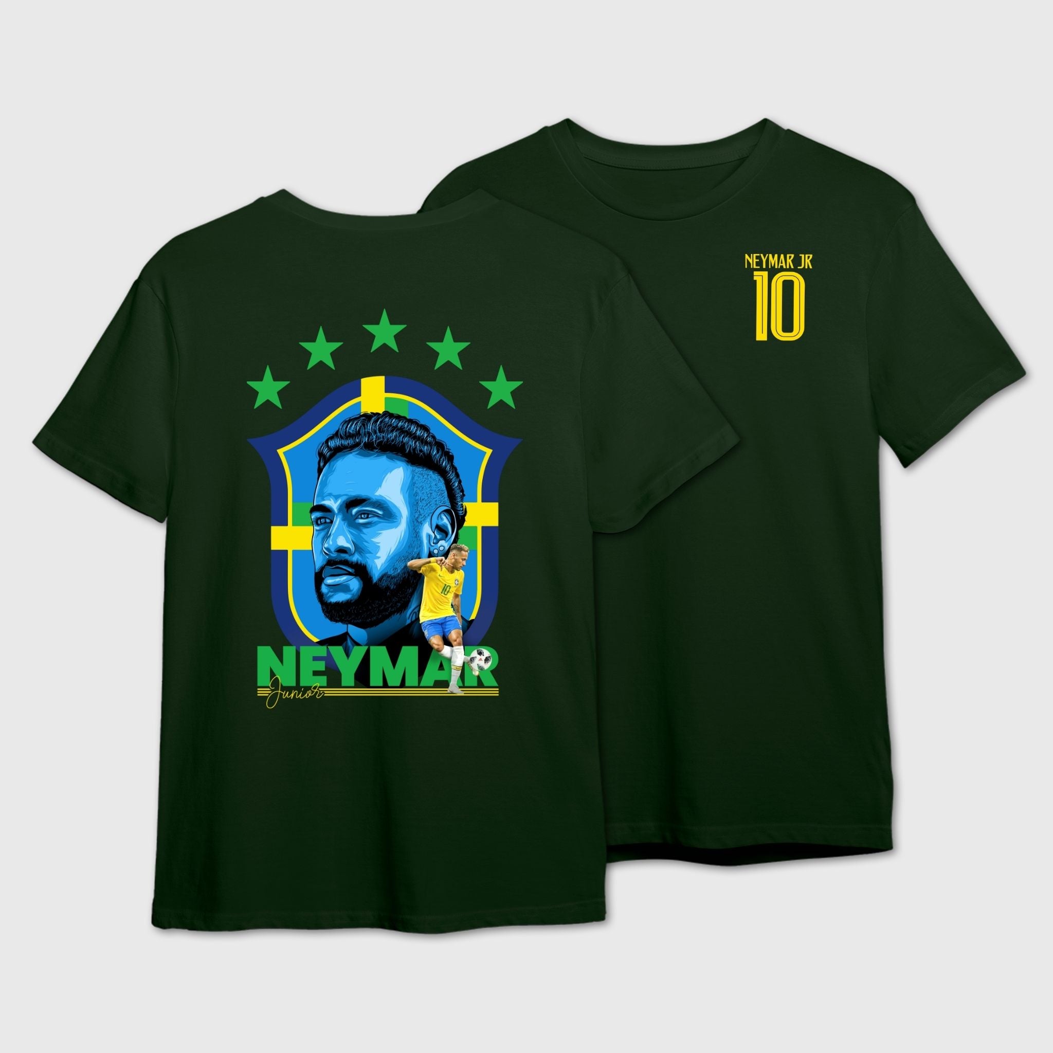 Green t-shirt with Neymar Jr. graphic design on the back and number 10 in front 