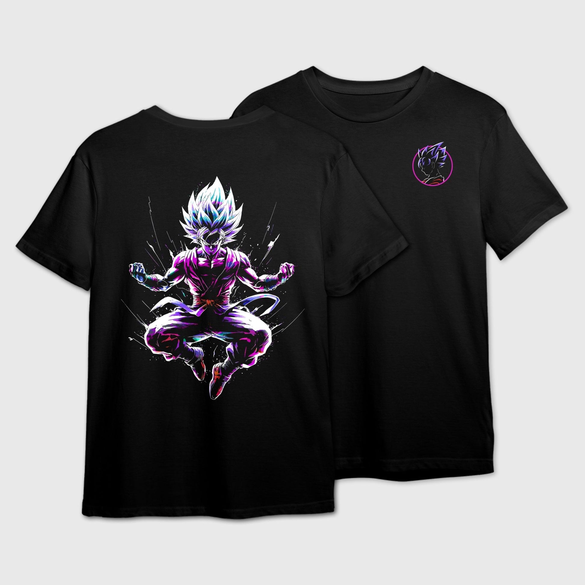 Black t-shirt with a Neon Goku silhouette print on the back and a smaller logo on the front.