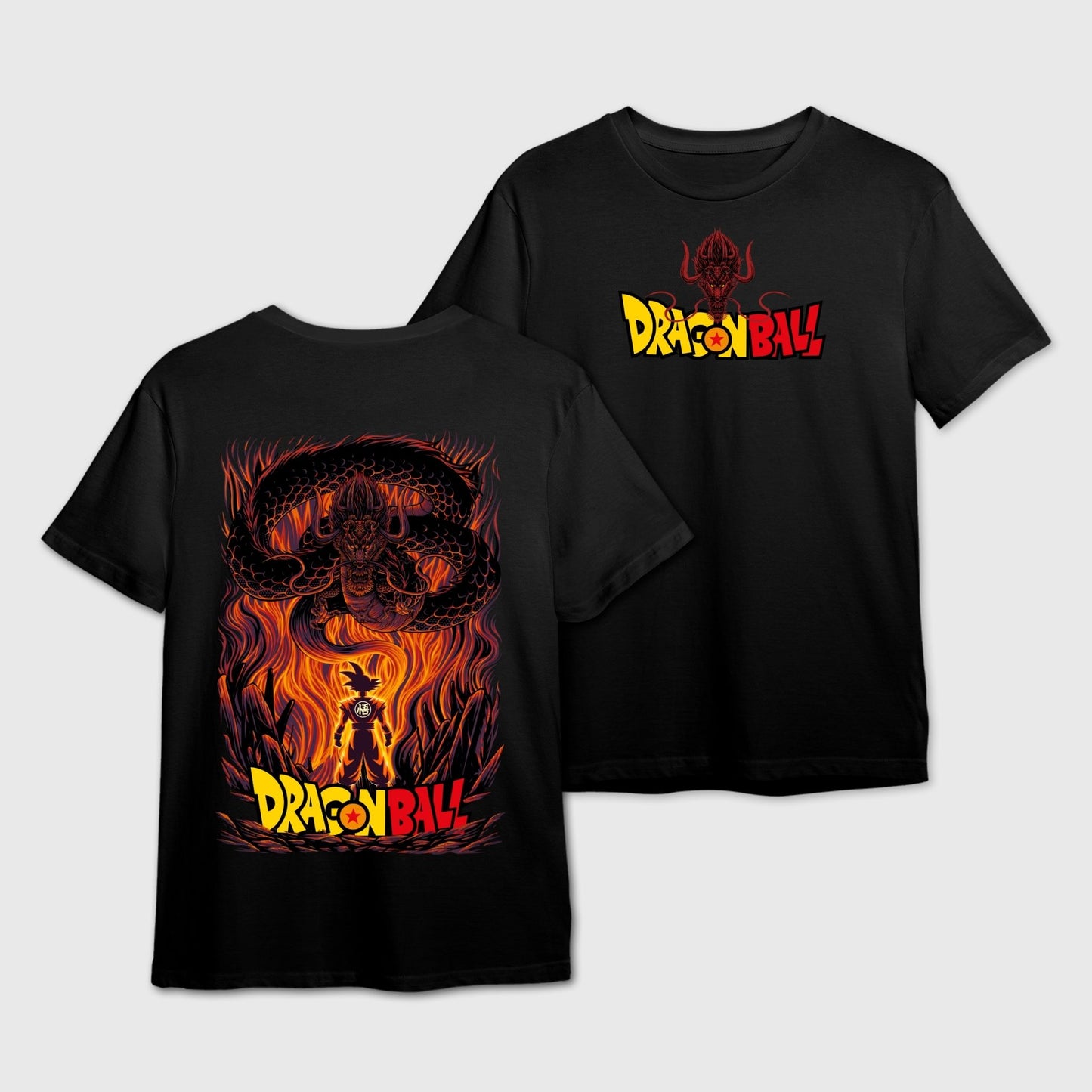 Black t-shirt with 'Dragon Ball' logo on the front and Goku with Shenron Eternal Dragon Fire Graphic on the back.