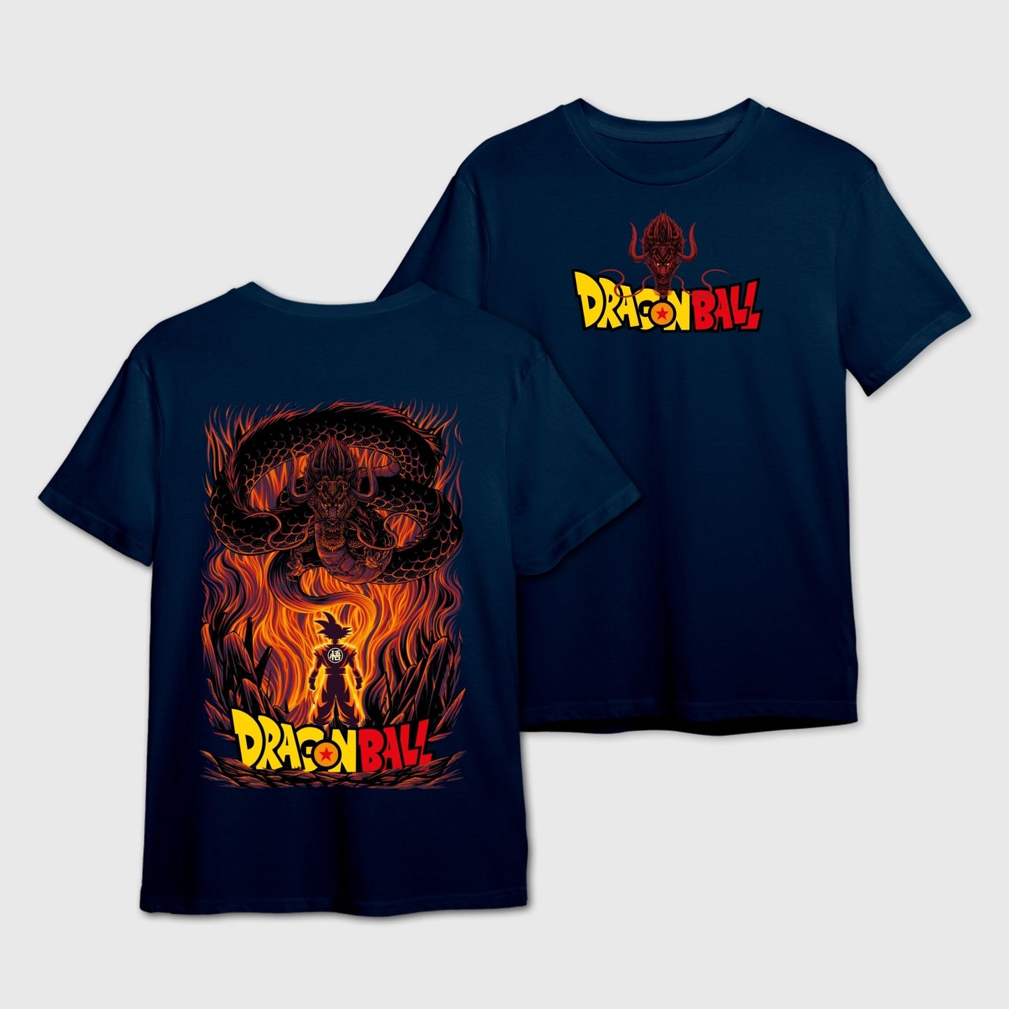 Navy Blue t-shirt with 'Dragon Ball' logo on the front and Goku with Shenron Eternal Dragon Fire Graphic on the back.