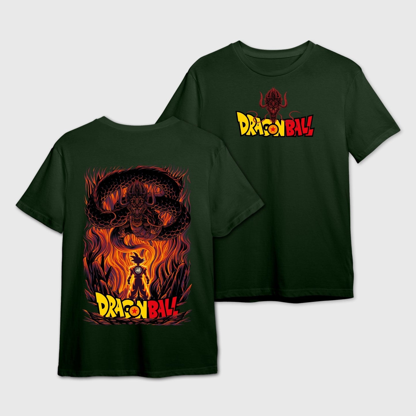Bottle Green t-shirt with 'Dragon Ball' logo on the front and Goku with Shenron Eternal Dragon Fire Graphic on the back.