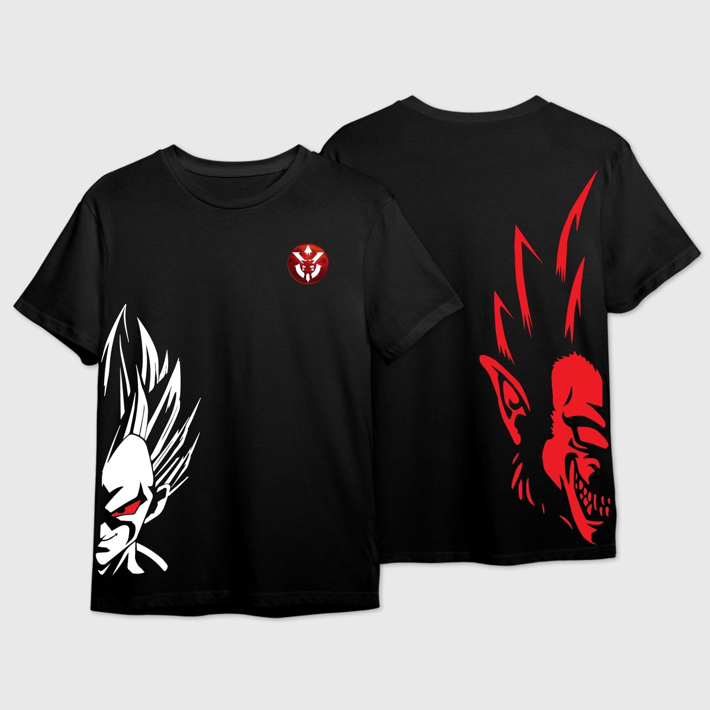 Black t-shirt with Side-Wrap Graphic design of Vegeta in White & Great Ape in Red.