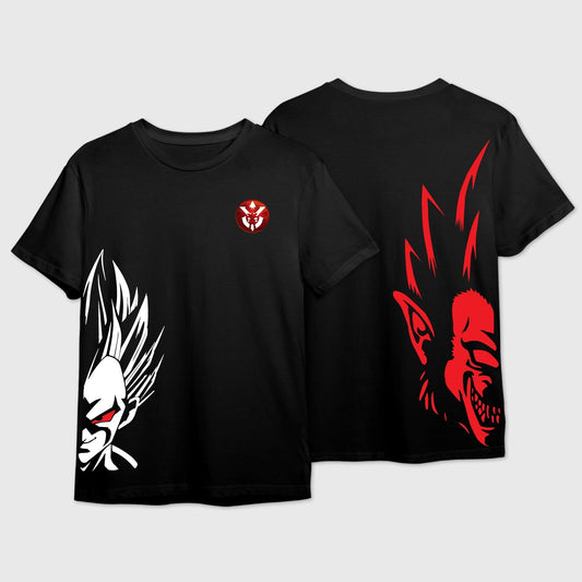 Black t-shirt with Side-Wrap Graphic design of Vegeta in White & Great Ape in Red.
