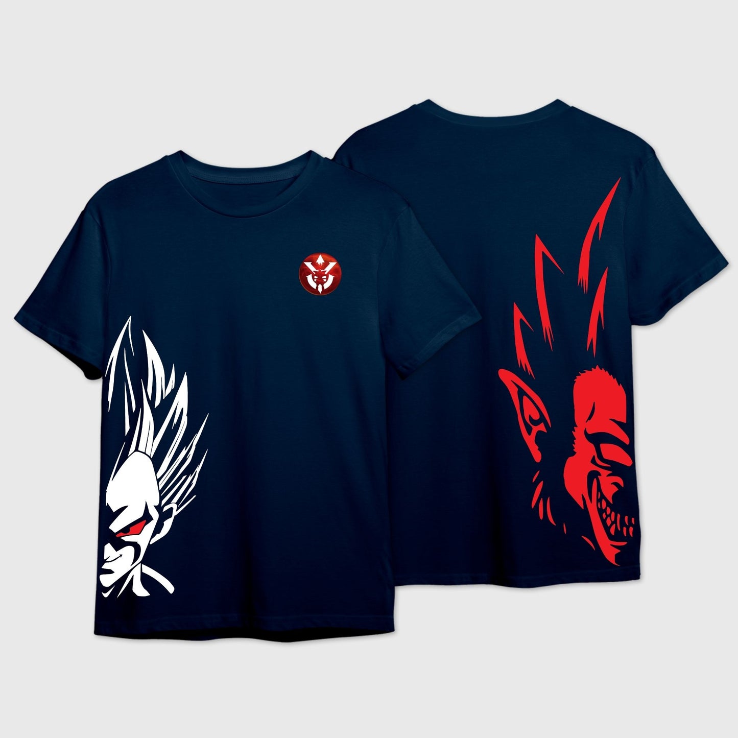Navy blue t-shirt with Side-Wrap Graphic design of Vegeta in White & Great Ape in Red.