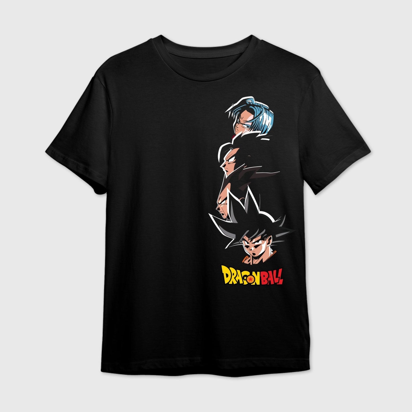 Black t-shirt with graphic design of Dragon Ball Z character arranged vertically.