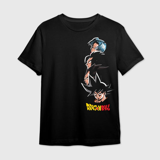 Black t-shirt with graphic design of Dragon Ball Z character arranged vertically.