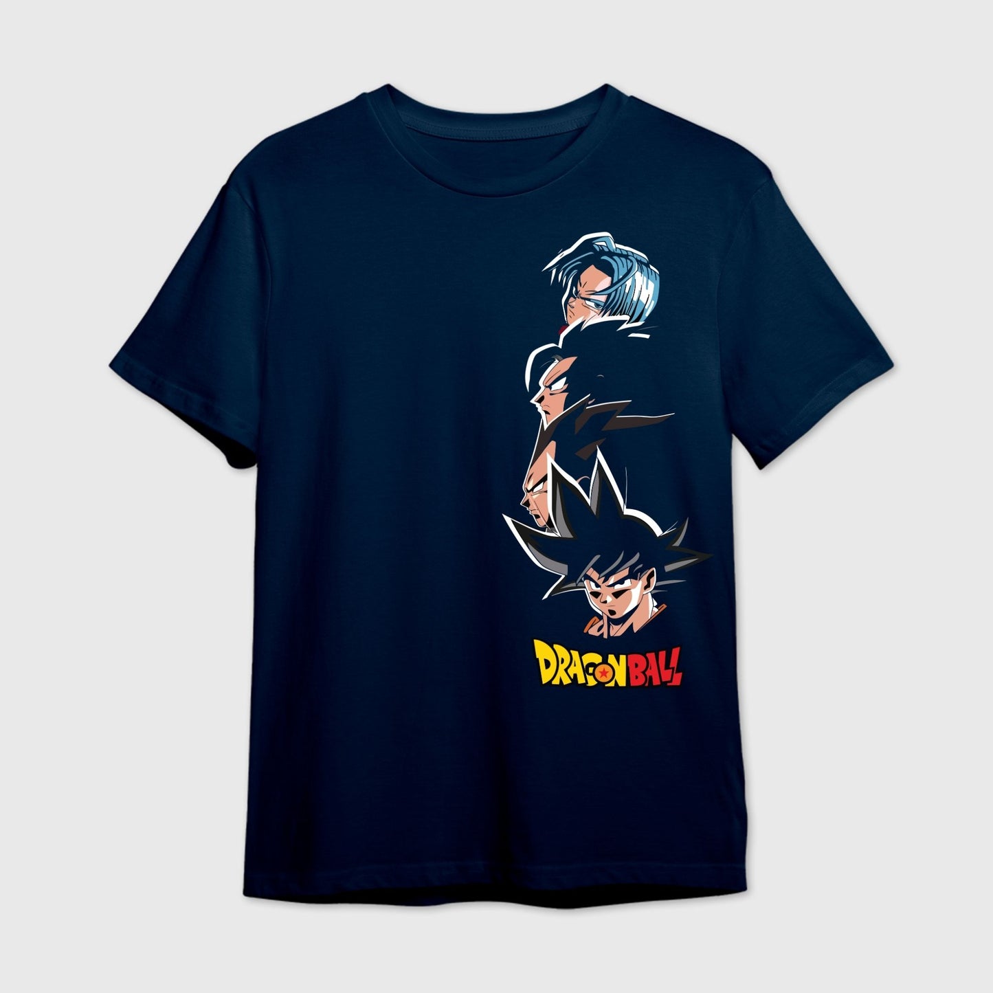 Navy blue t-shirt with graphic design of Dragon Ball Z character arranged vertically.