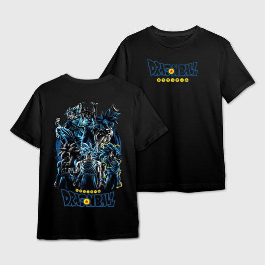 Black t-shirt with Dragon Ball Z logo on the front and Goku-Evolution graphic design on the back.