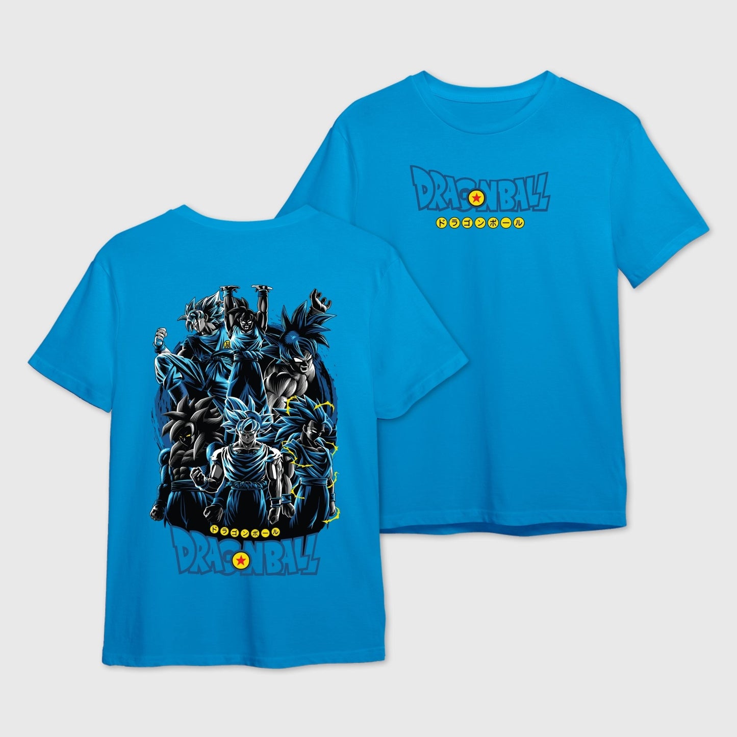 Mint Blue t-shirt with Dragon Ball Z logo on the front and Goku-Evolution graphic design on the back.