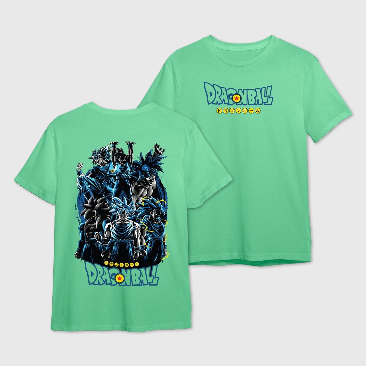 Mint Green t-shirt with Dragon Ball Z logo on the front and Goku-Evolution graphic design on the back.