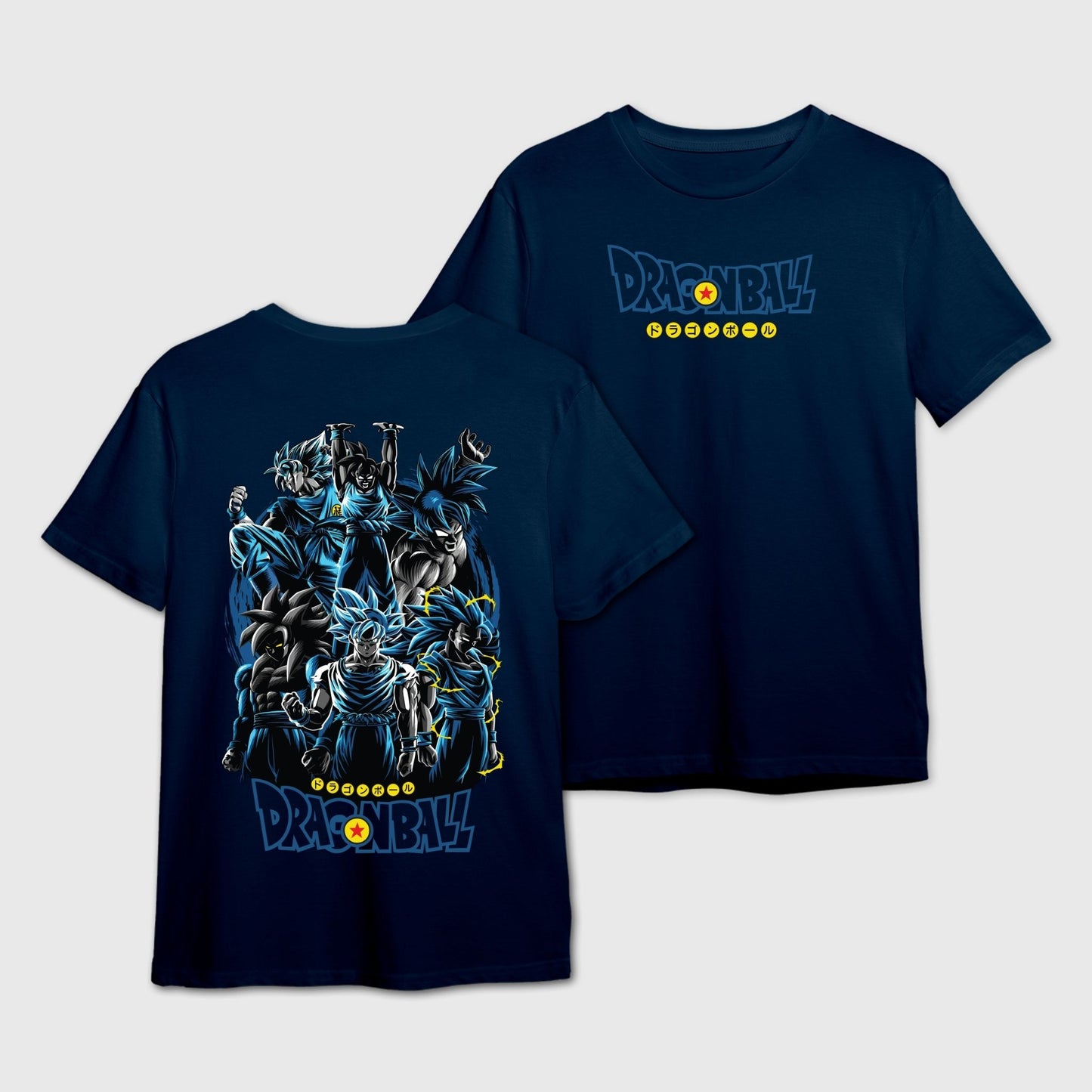 Navy Blue t-shirt with Dragon Ball Z logo on the front and Goku-Evolution graphic design on the back.