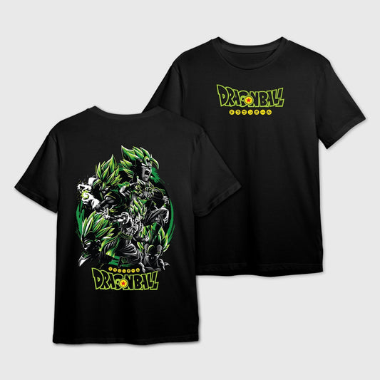 Black t-shirt with DragonBall logo on the front and Gogeta-Vegito Fusion graphic design on the back.