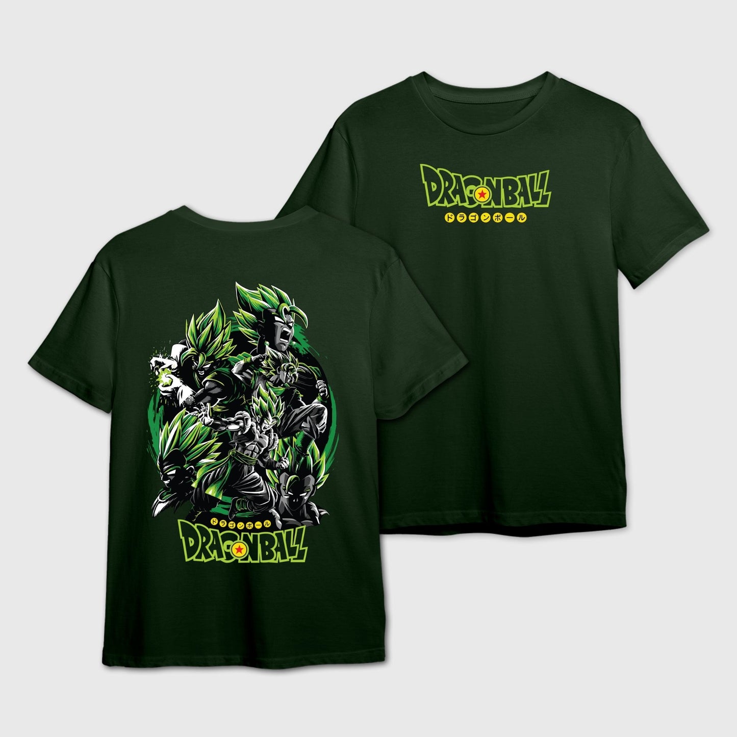 Bottle Green t-shirt with DragonBall logo on the front and Gogeta-Vegito Fusion graphic design on the back.