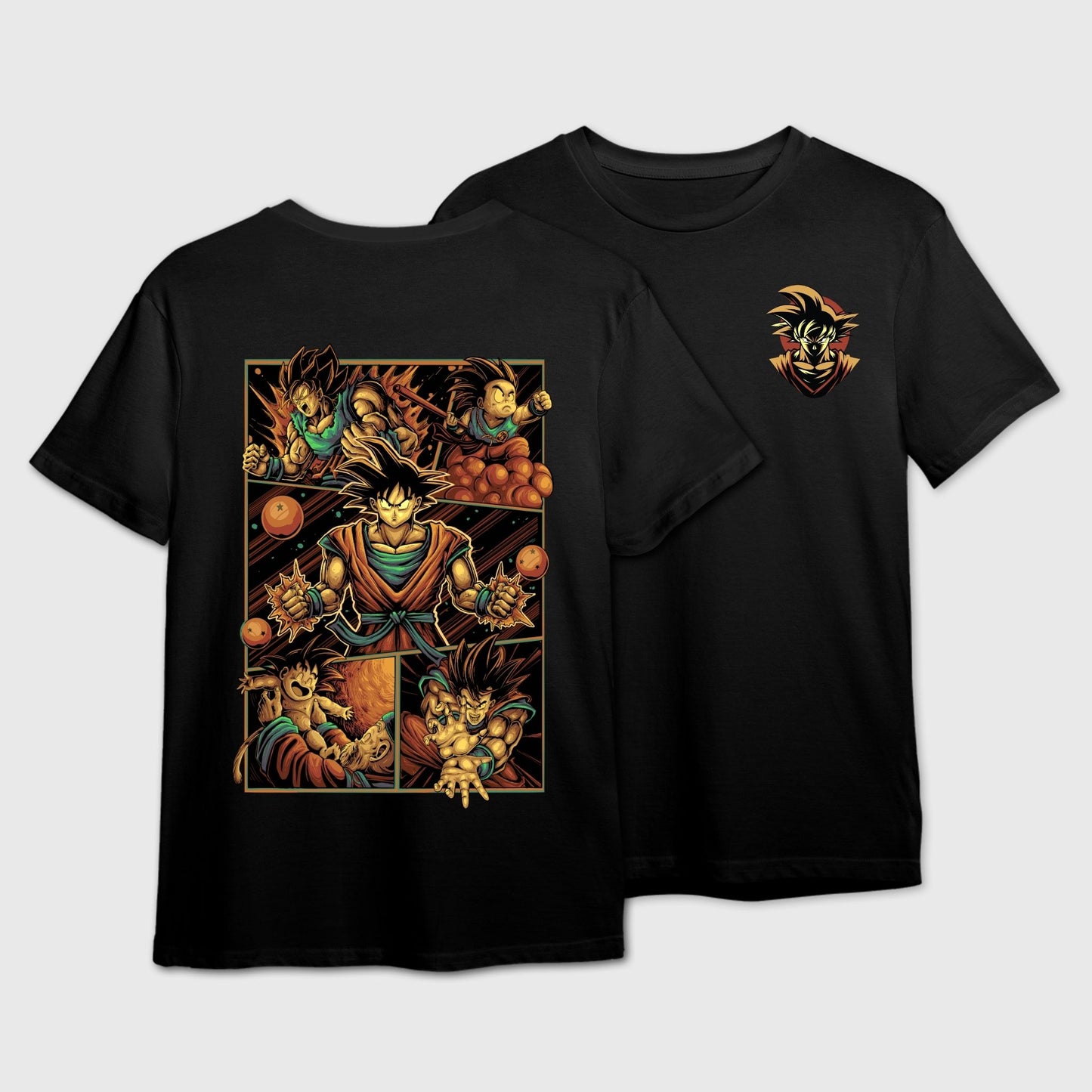 Black t-shirt with Goku logo on the front and manga-panel design on the back.