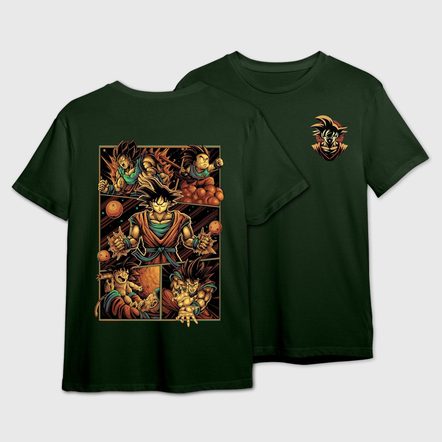 Bottle Green t-shirt with Goku logo on the front and manga-panel design on the back.