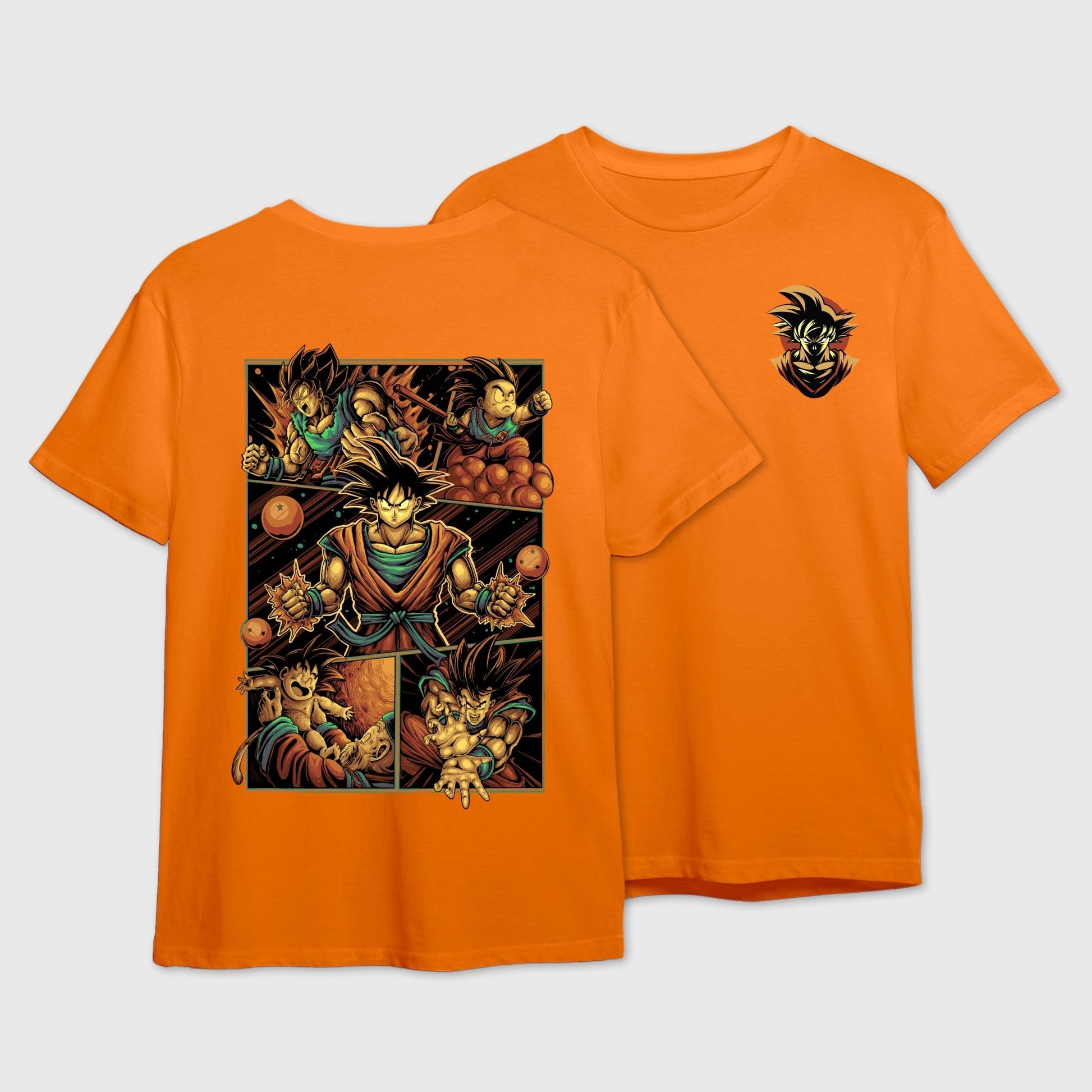 Orange t-shirt with Goku logo on the front and manga-panel design on the back.